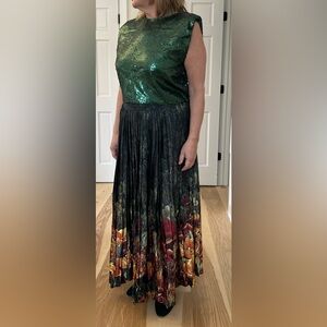 Anthropologie Green Pleated A-Line Midi Skirt wedding sequined top blouse outfit
